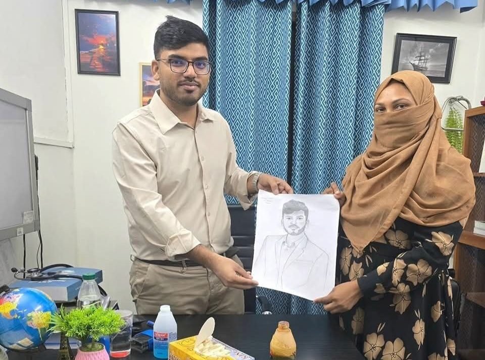 A recovered patient presenting Dr. Khaled Hasan Milu with a hand-drawn pencil sketch