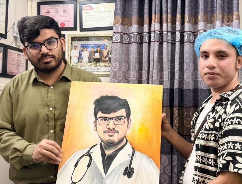 A recovered patient presenting a hand-painted colour portrait of Dr. Khaled Hasan Milu